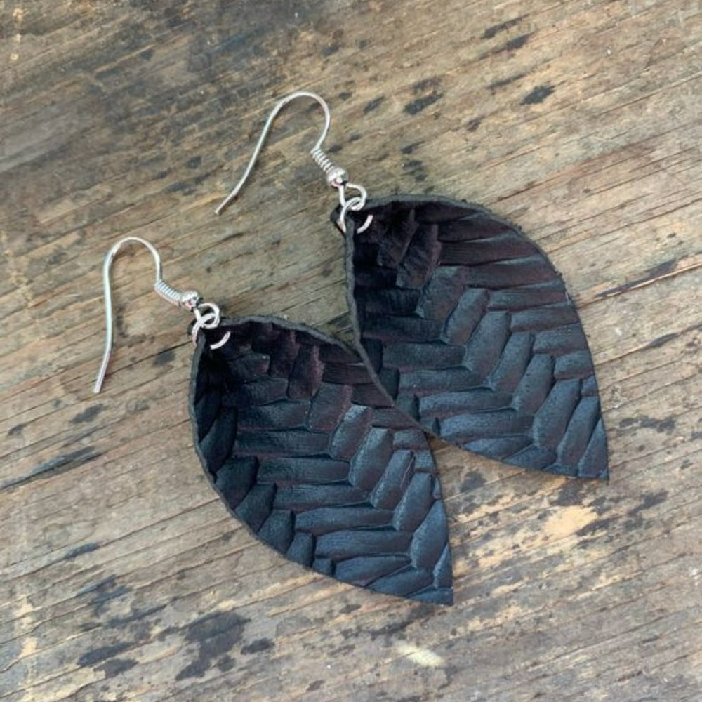 Black Braid Genuine Leather Earrings, Petal Style